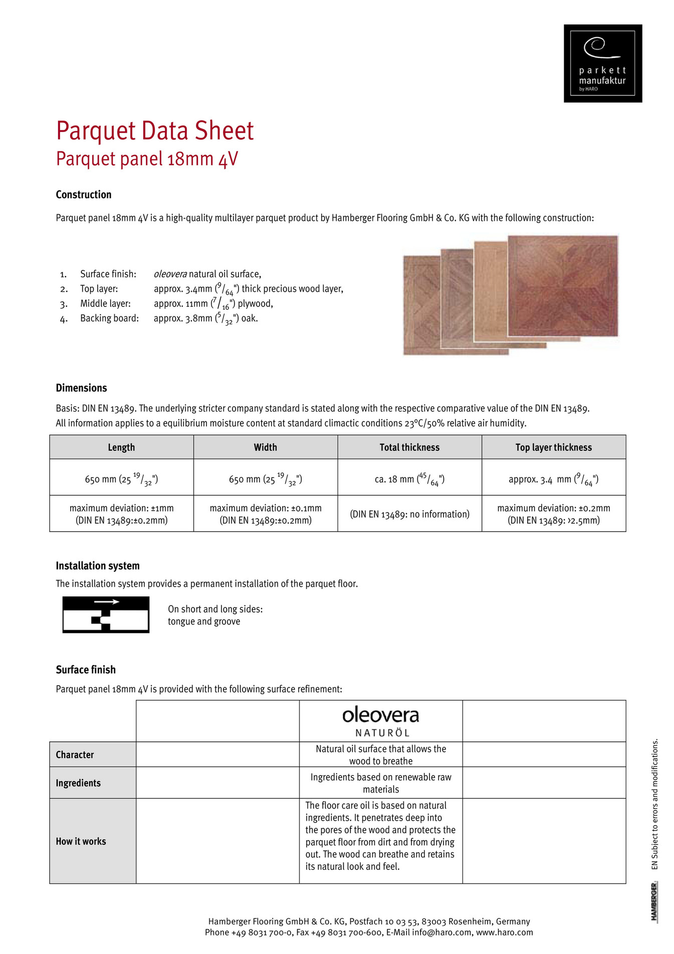 HARO Flooring New Zealand Parquet Data Sheet Parquet panel Page 1