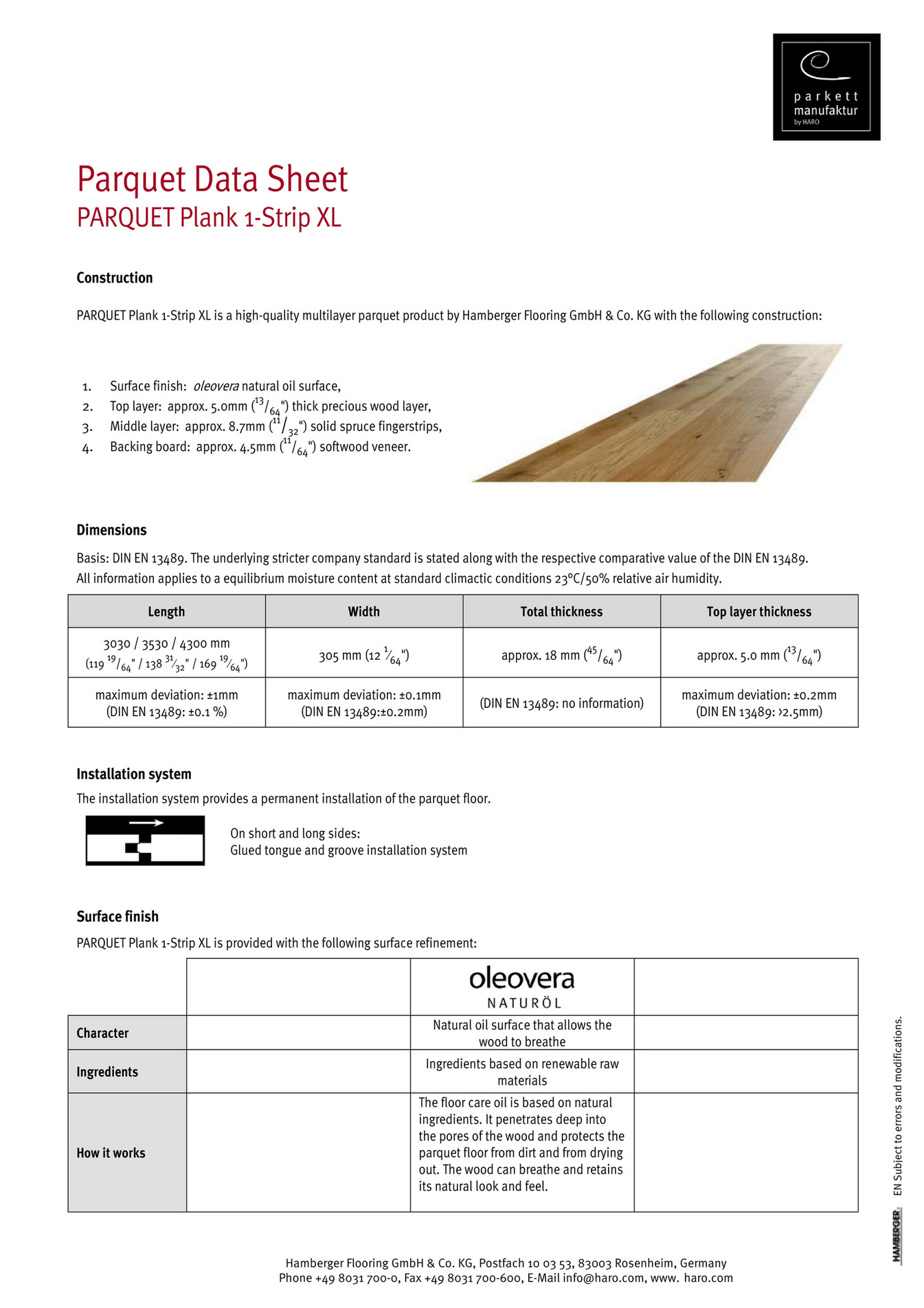 HARO Flooring New Zealand Parquet Data Sheet Plank 1Strip XL Page