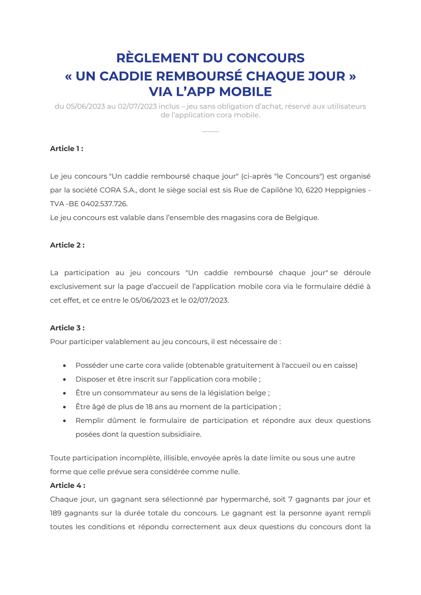 Cora FR - RÈGLEMENT DU CONCOURS CADDIE REMBOURSE - Page 1