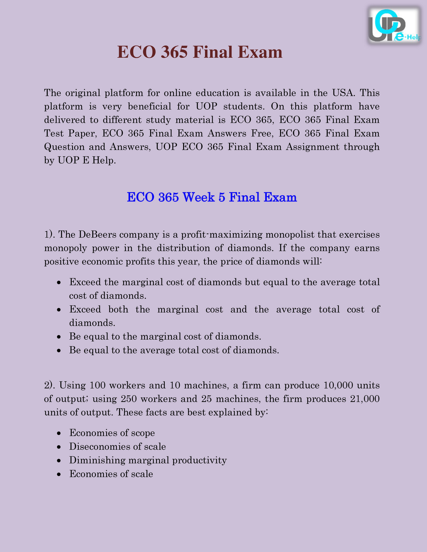 UOP E Help ECO 365 & ECO 365 Final Exam Answers UOP E Help Page 1