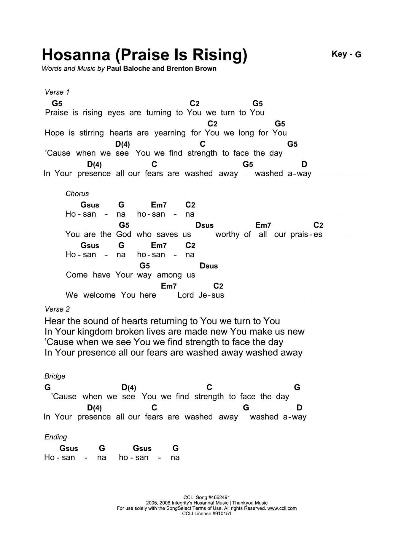 Hosanna (Praise Is Rising) Chords PDF (Paul Baloche) - PraiseCharts