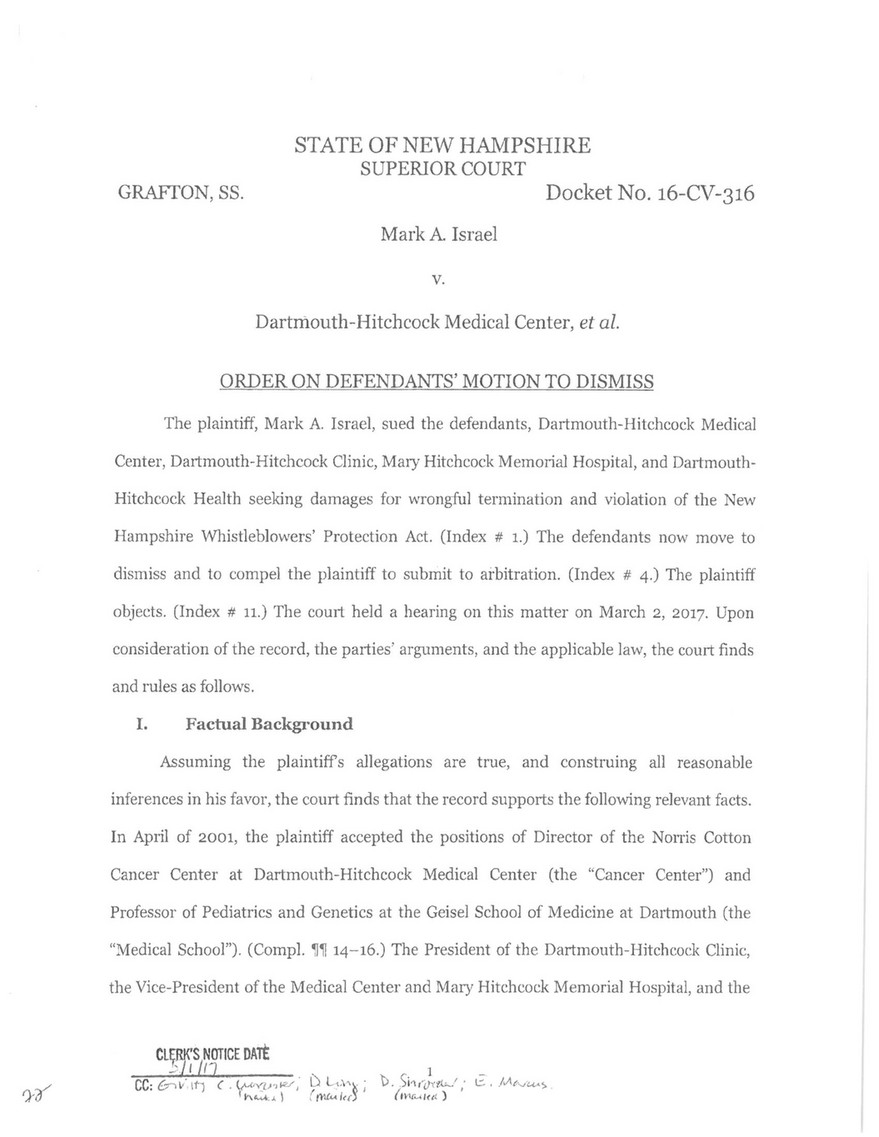 Valley News - Judge Dismisses D-H Lawsuit Filed by Former Norris Cotton  Cancer Center Director