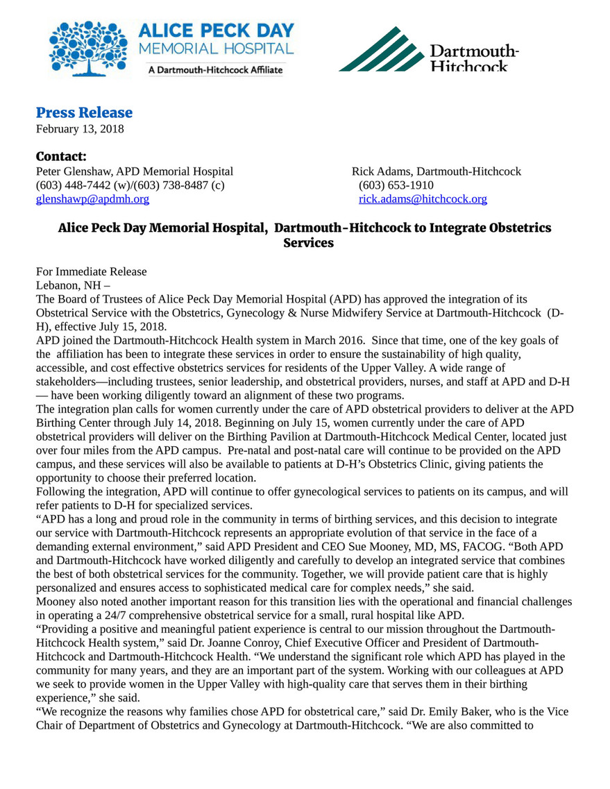 Valley News - Alice Peck Day Memorial Hospital to Close Birthing Unit,  Merge With DHMC