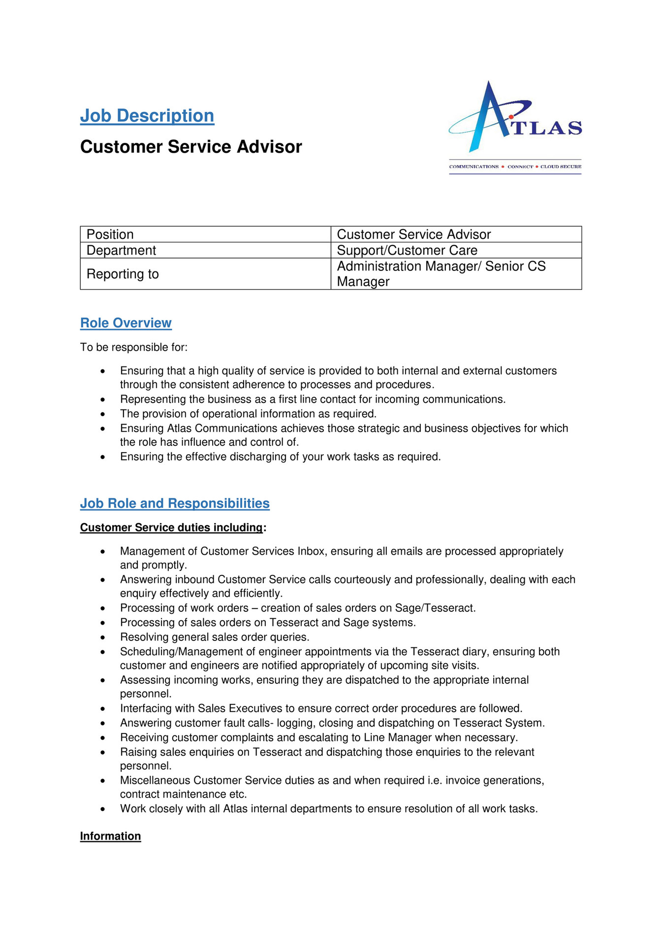 My publications - Customer Service Advisor Job Description 