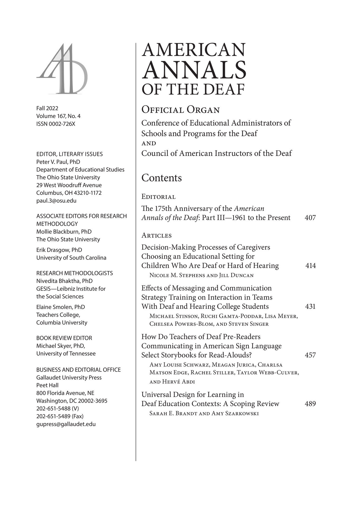Gallaudet University Press American Annals of the Deaf (AAD), Fall