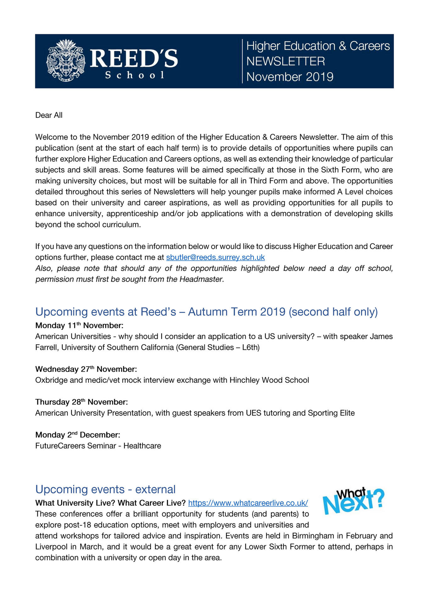 Reed's School Proofed HE Newsletter November 2019 Page 1