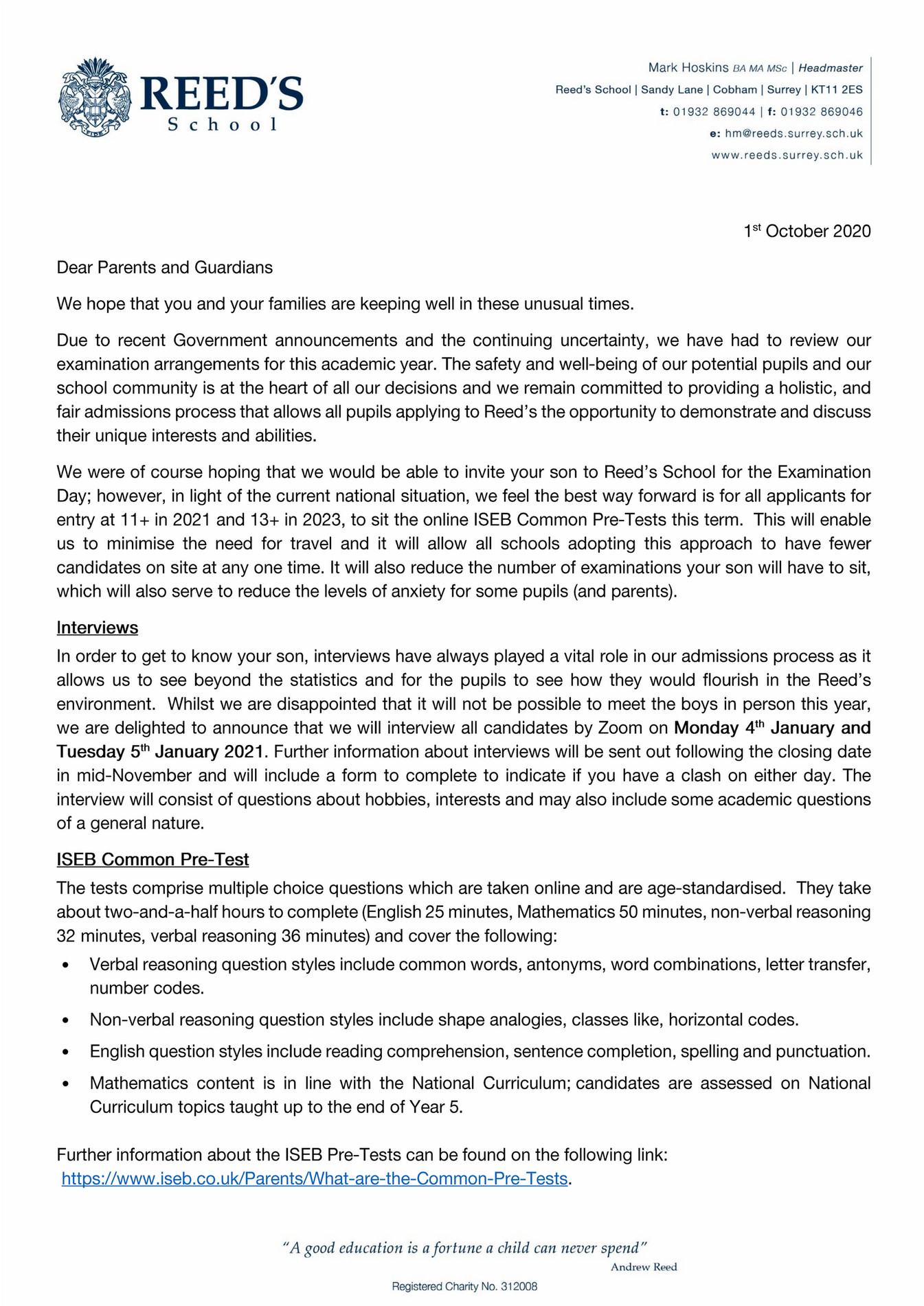 Reed's School 201001_HM Admissions Letter to parents Page 1