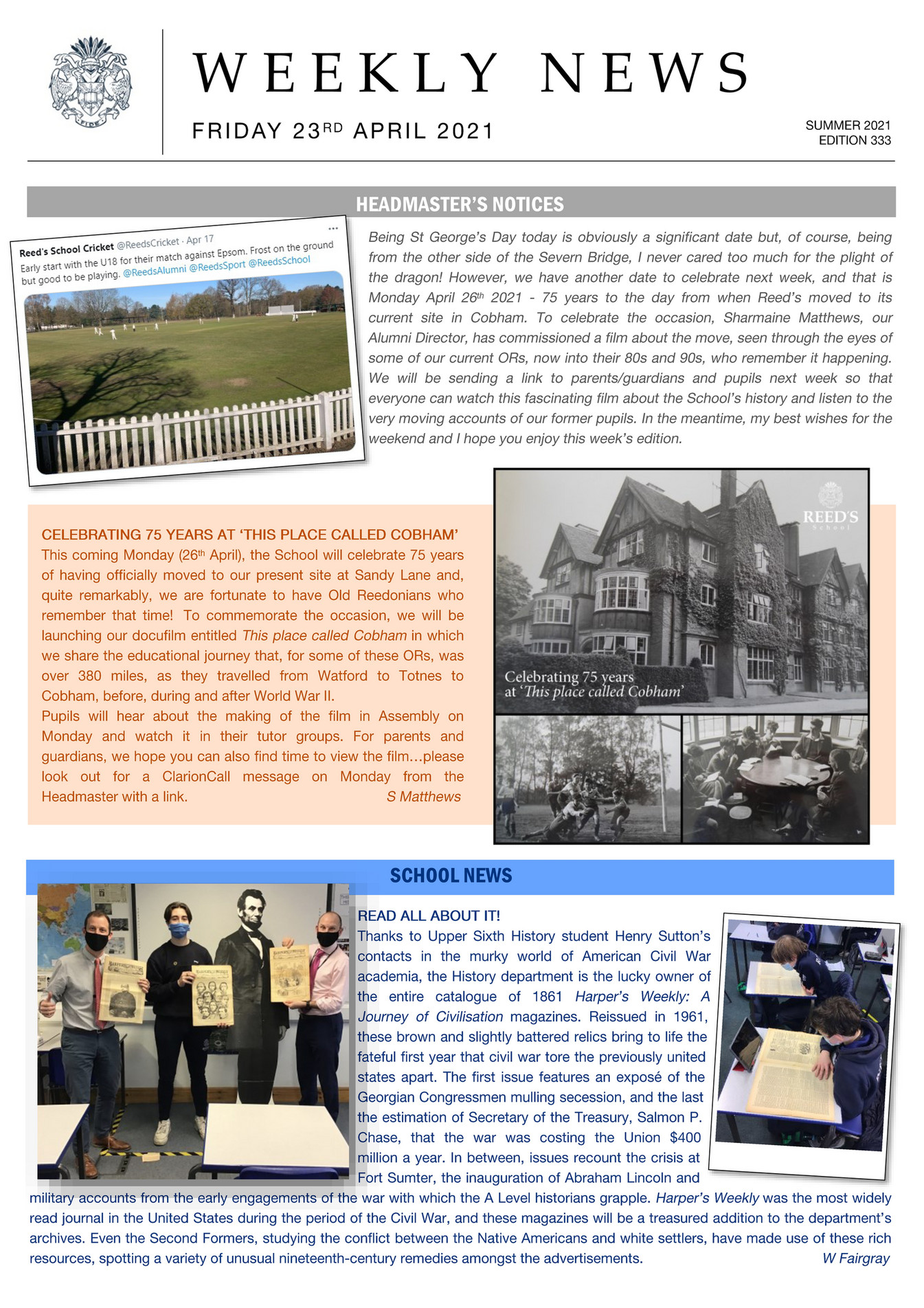 Reed's School 333 23rd April 2021_ Weekly News Page 1 Created