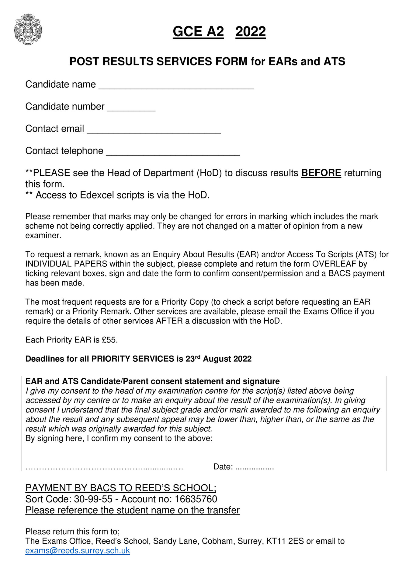 Reed's School Post Results Services Form Page 1 Created with