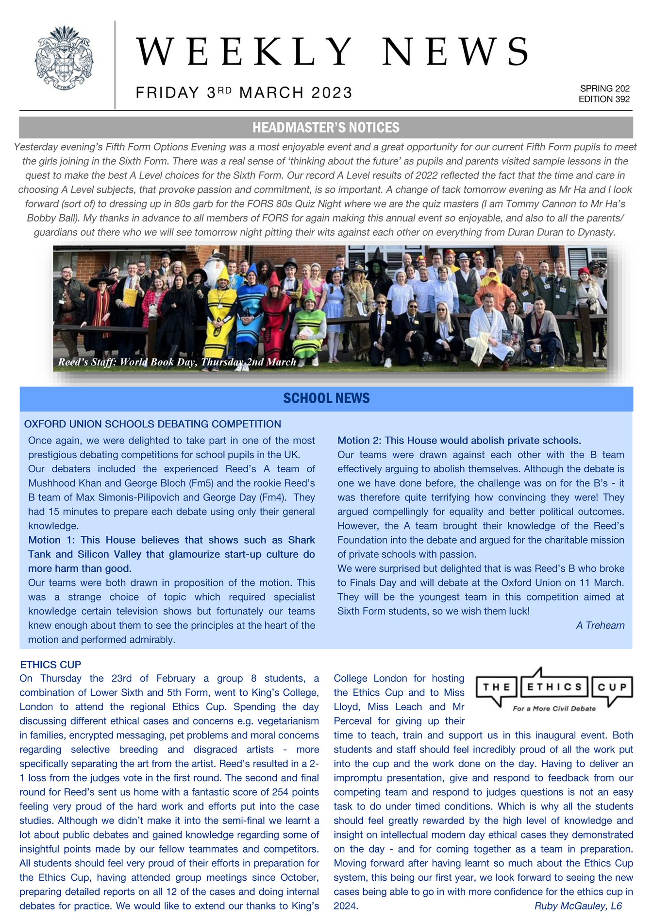 Reed's School 392 3rd March 2023_Weekly News Page 1 Created with