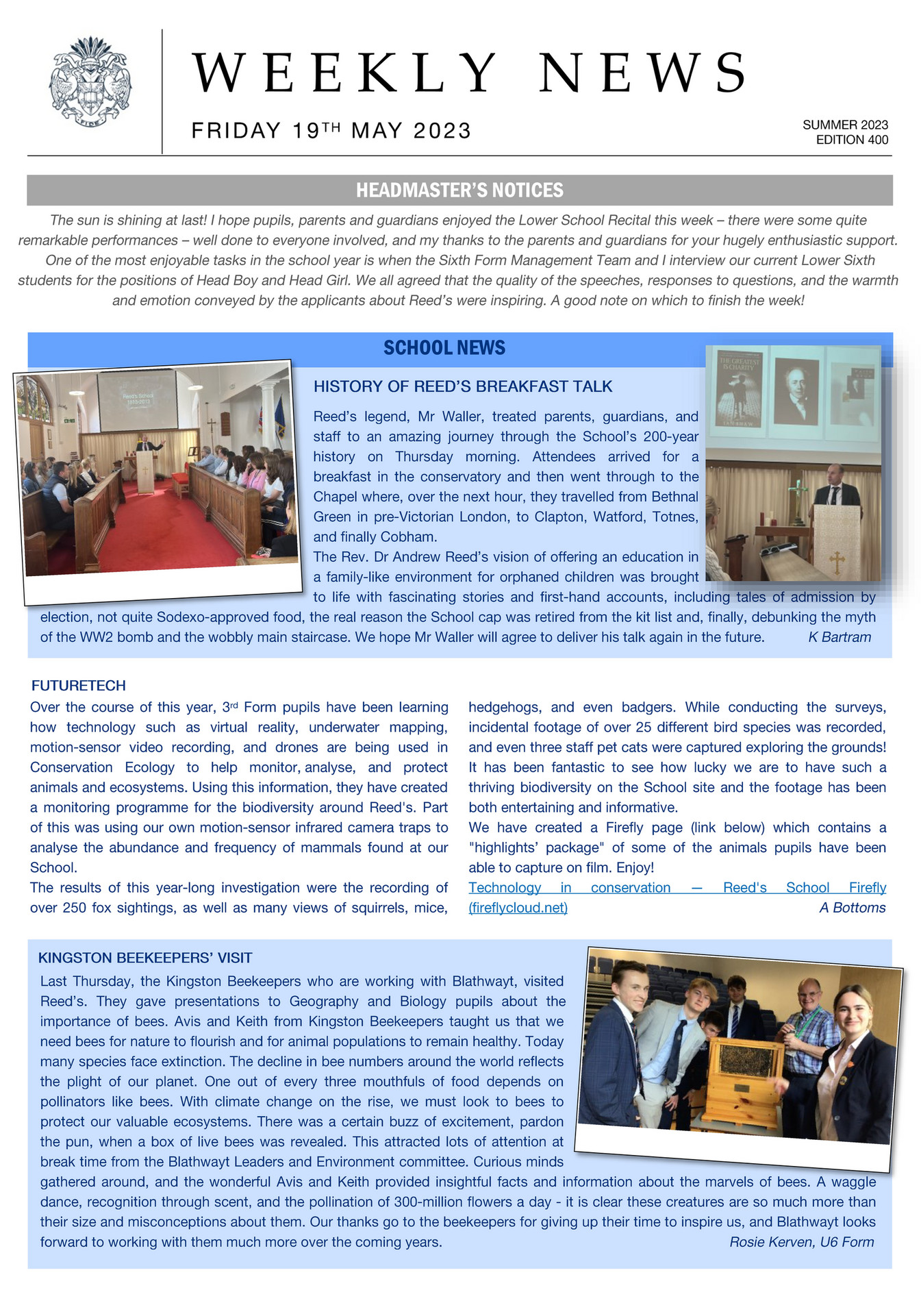 Reed's School 400 19th May 2023_Weekly News Page 1 Created with
