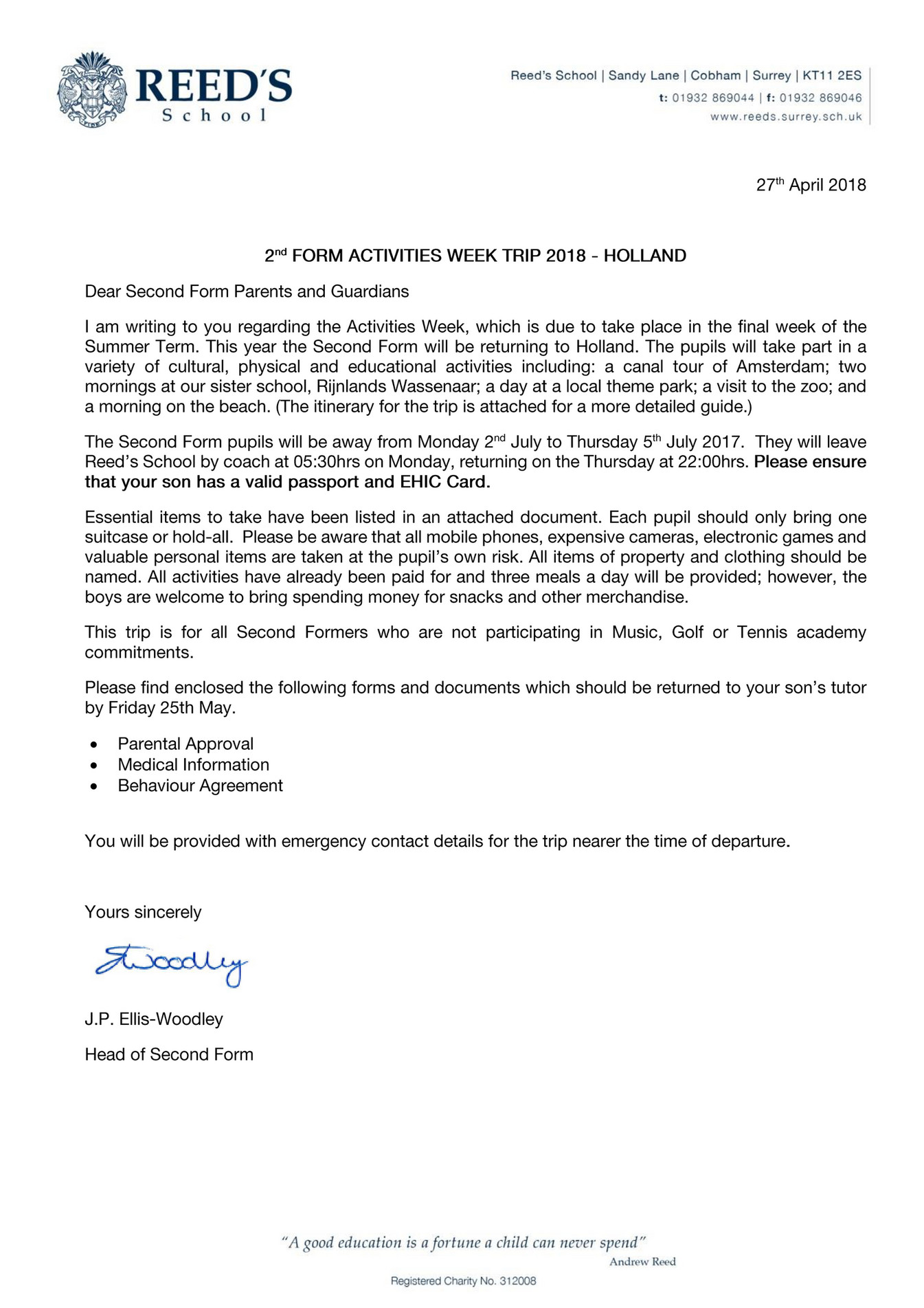 Reed's School 2nd Form Activities Week Letter and Forms Page 1