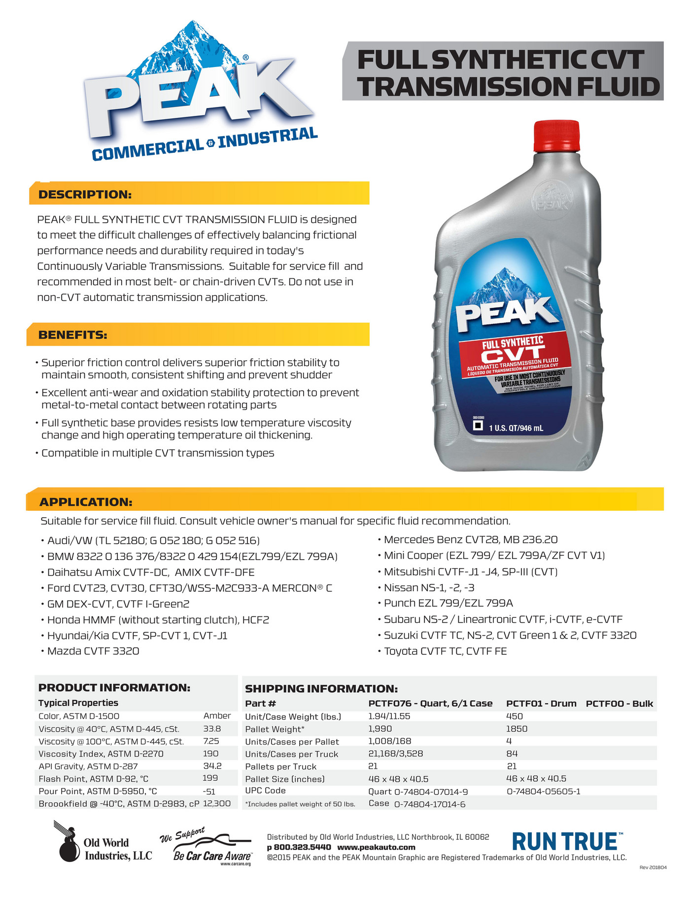 PEAK C&I PEAKFullSyntheticCVTTransmissionFluidSpecSheet Page