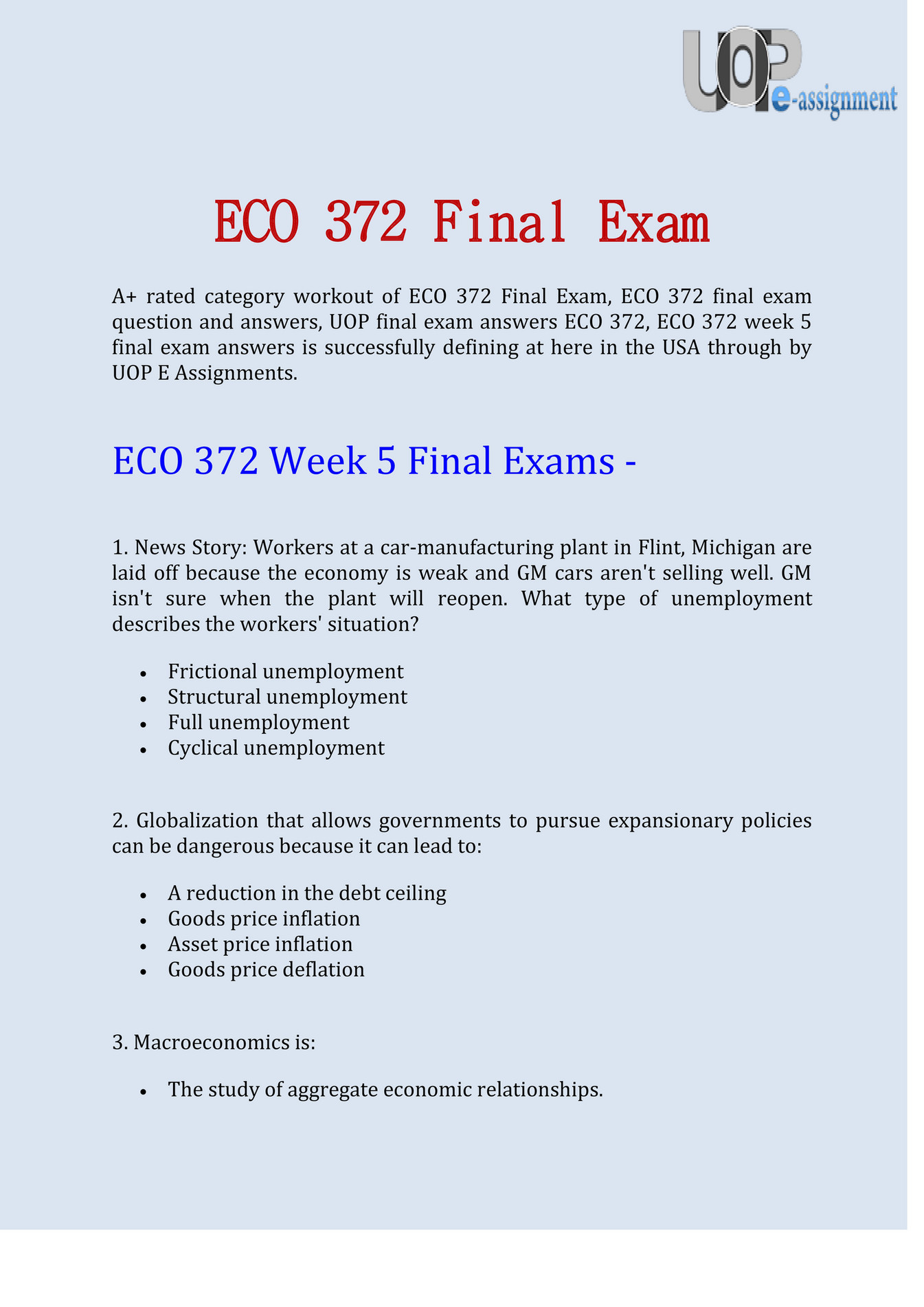 UOP E Assignments - ECO 372 - ECO 372 Final Exam Question & Answers Via ...