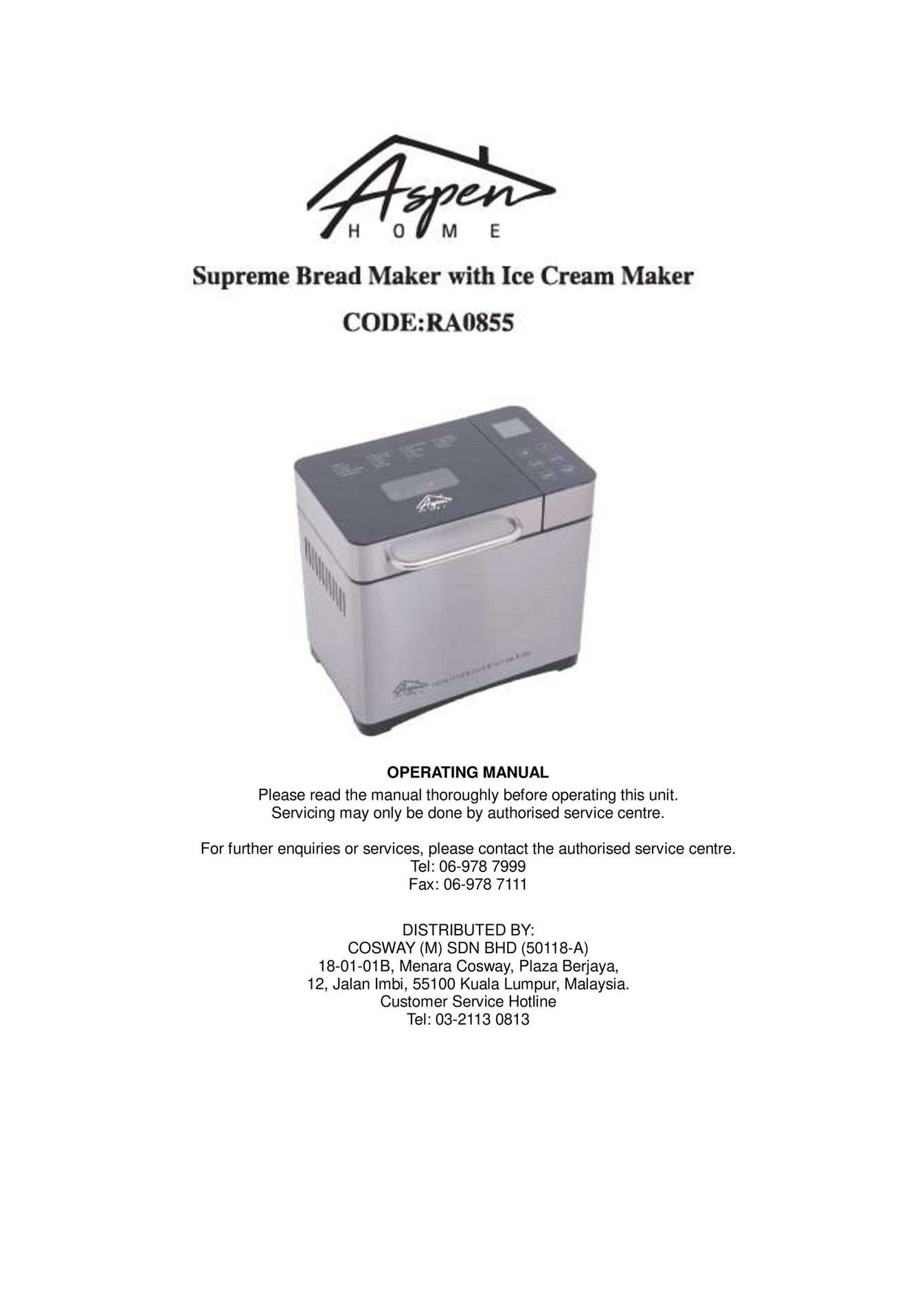 Cosway Malaysia RA0855 Aspen Home Supreme Bread Maker with Ice Cream