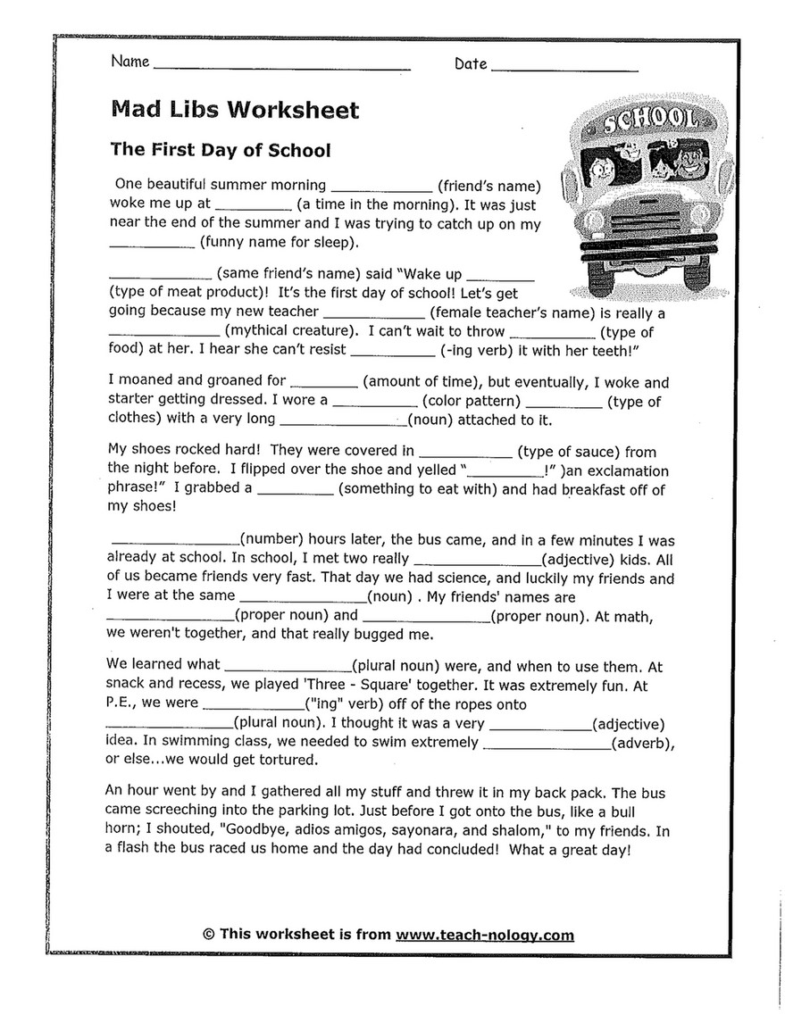 Mad Libs For 5th Graders