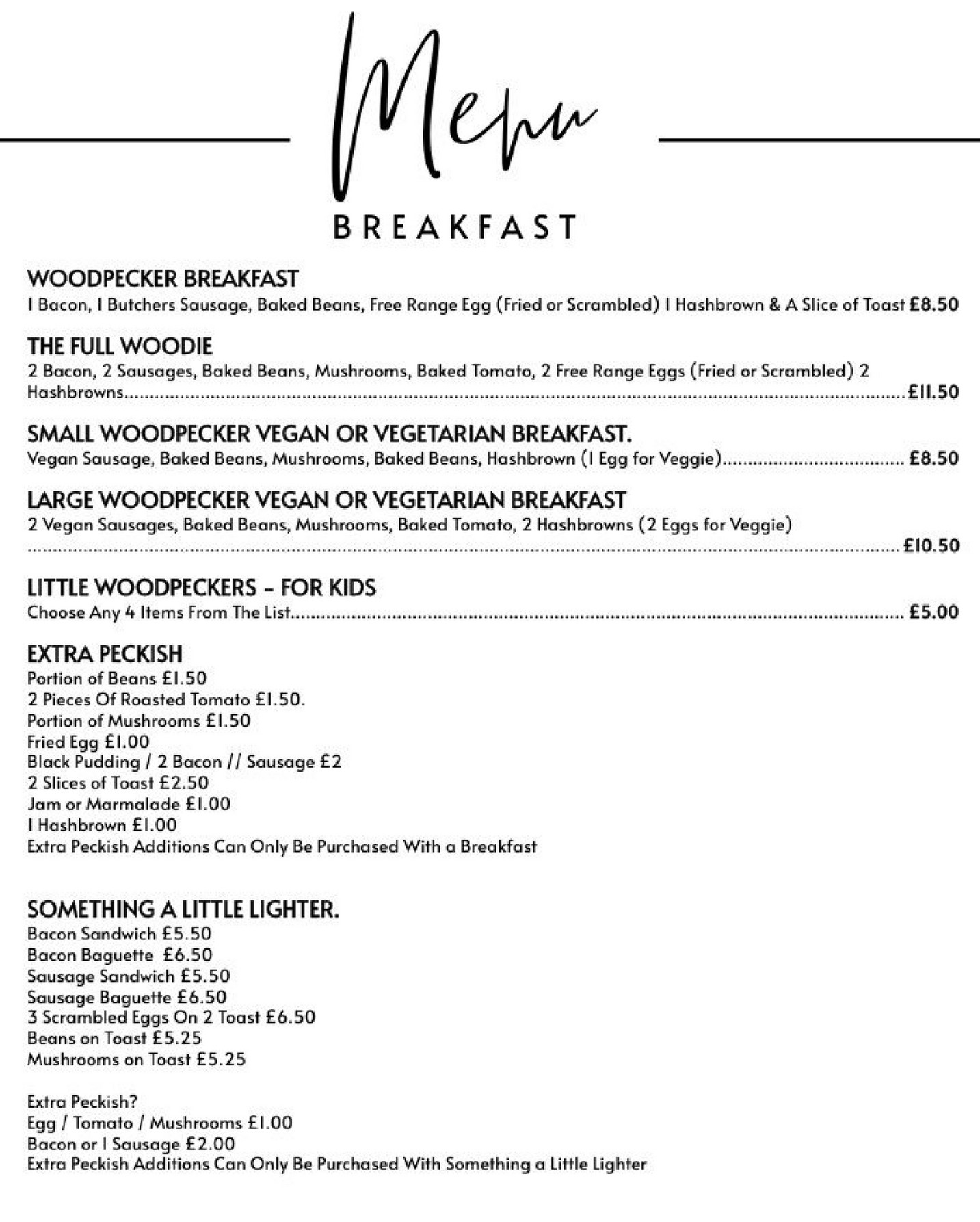 UpDate sites WOODPECKER MENU 2023 BREAKFAST MENU Page 1