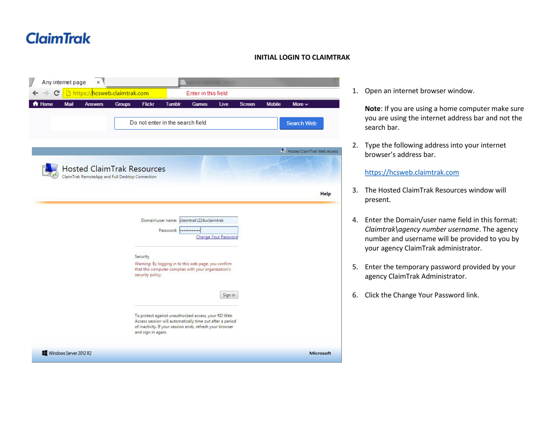 Remarkable Health LAKB Initial Login to Claimtrak Page 1
