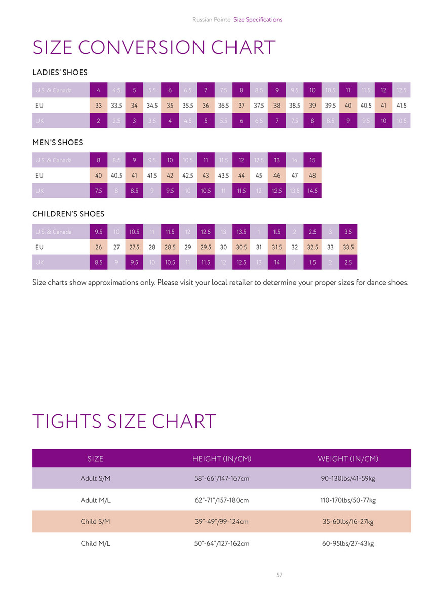 Russian Pointe Shoe Size Chart
