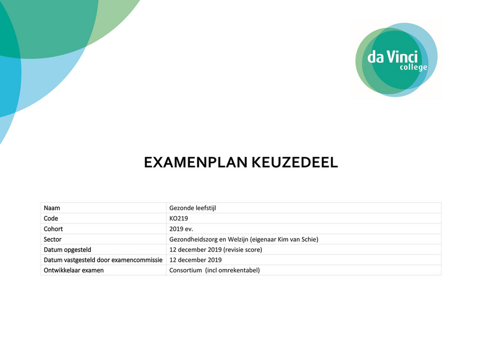 Da Vinci College - K0219 Examenplan Keuzedeel Gezonde Leefstijl Cohort ...