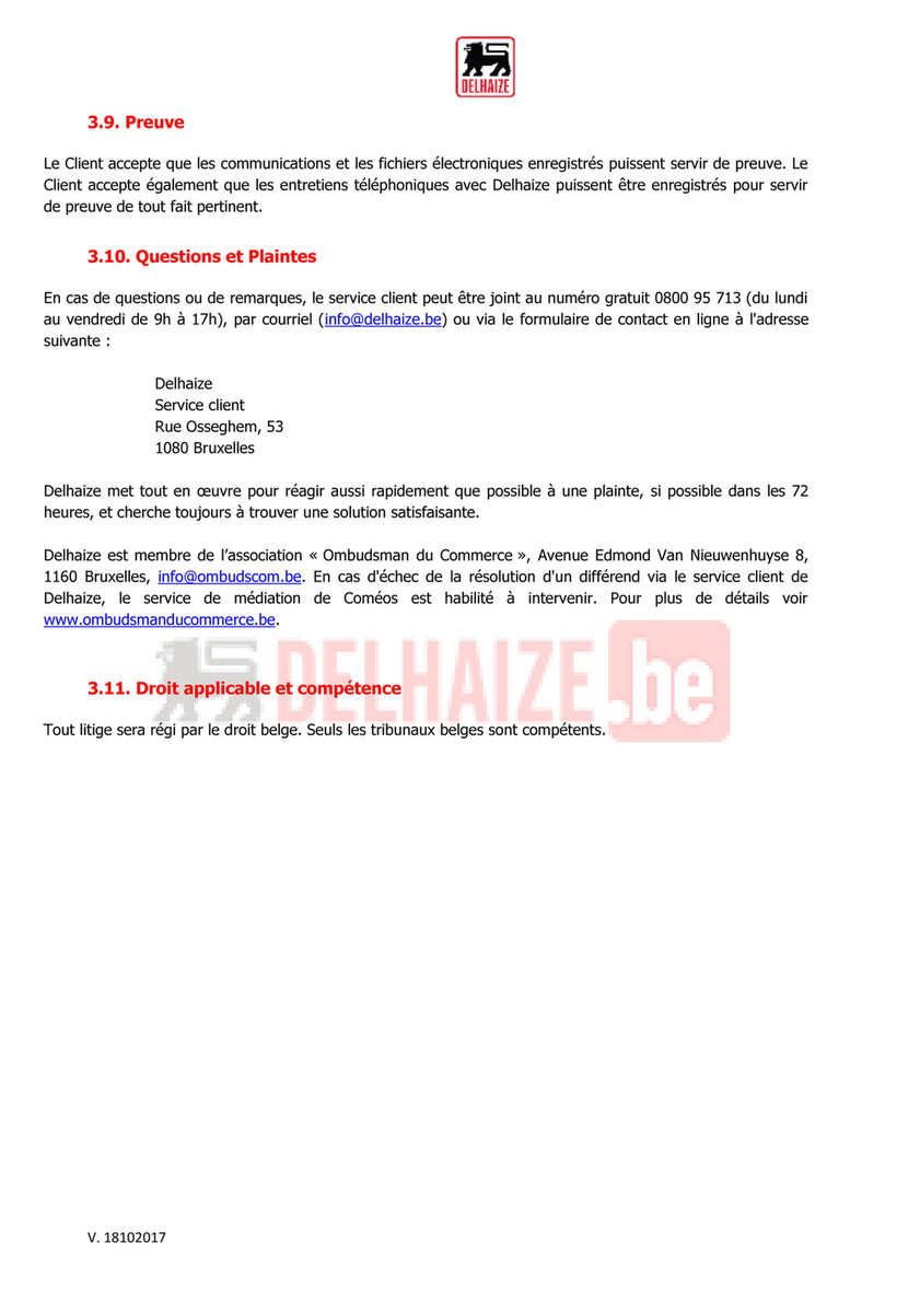 Belgium Pdf Fr Conditions Generales Delhaize Be 18102017