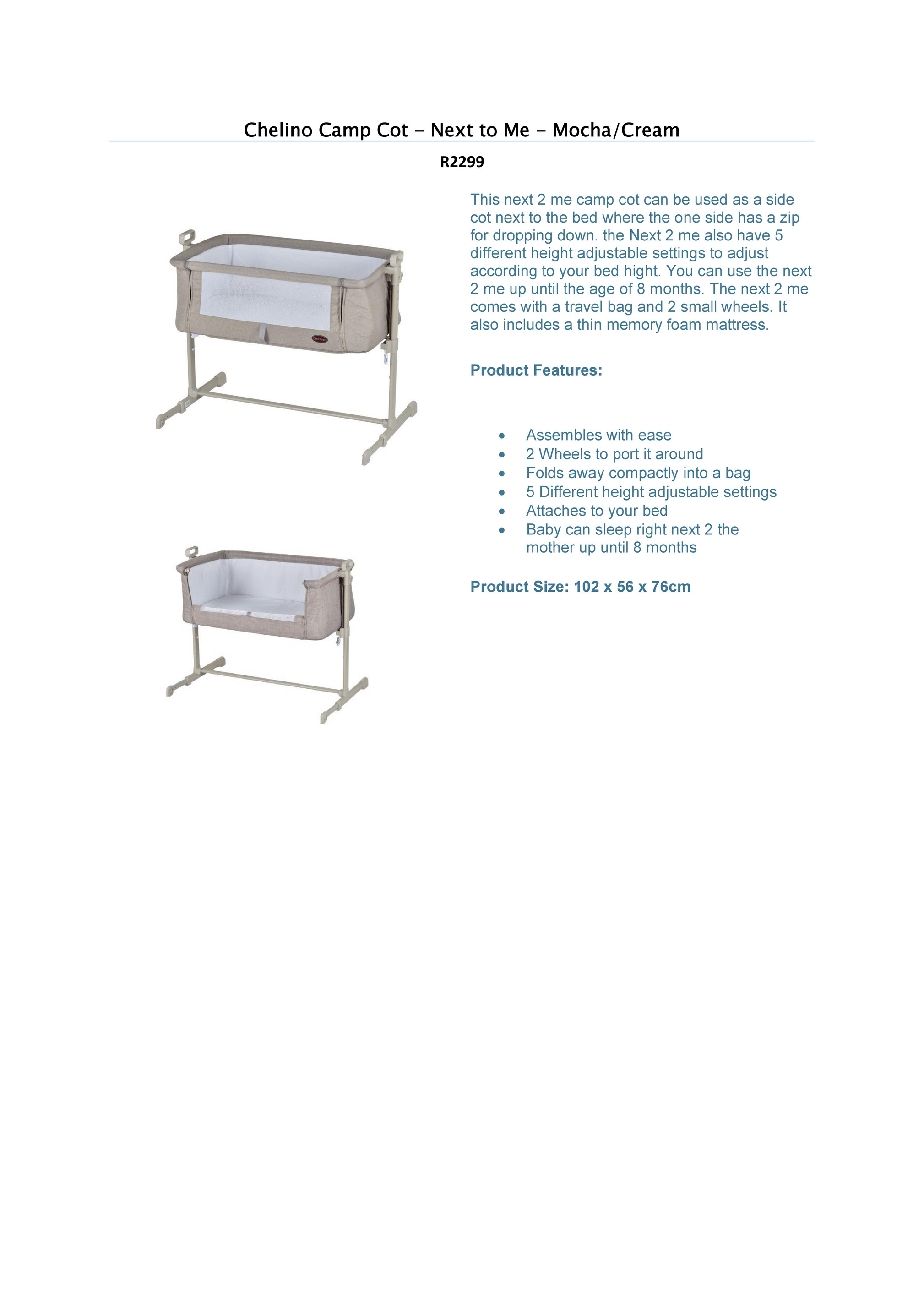 chelino camp cot mattress size