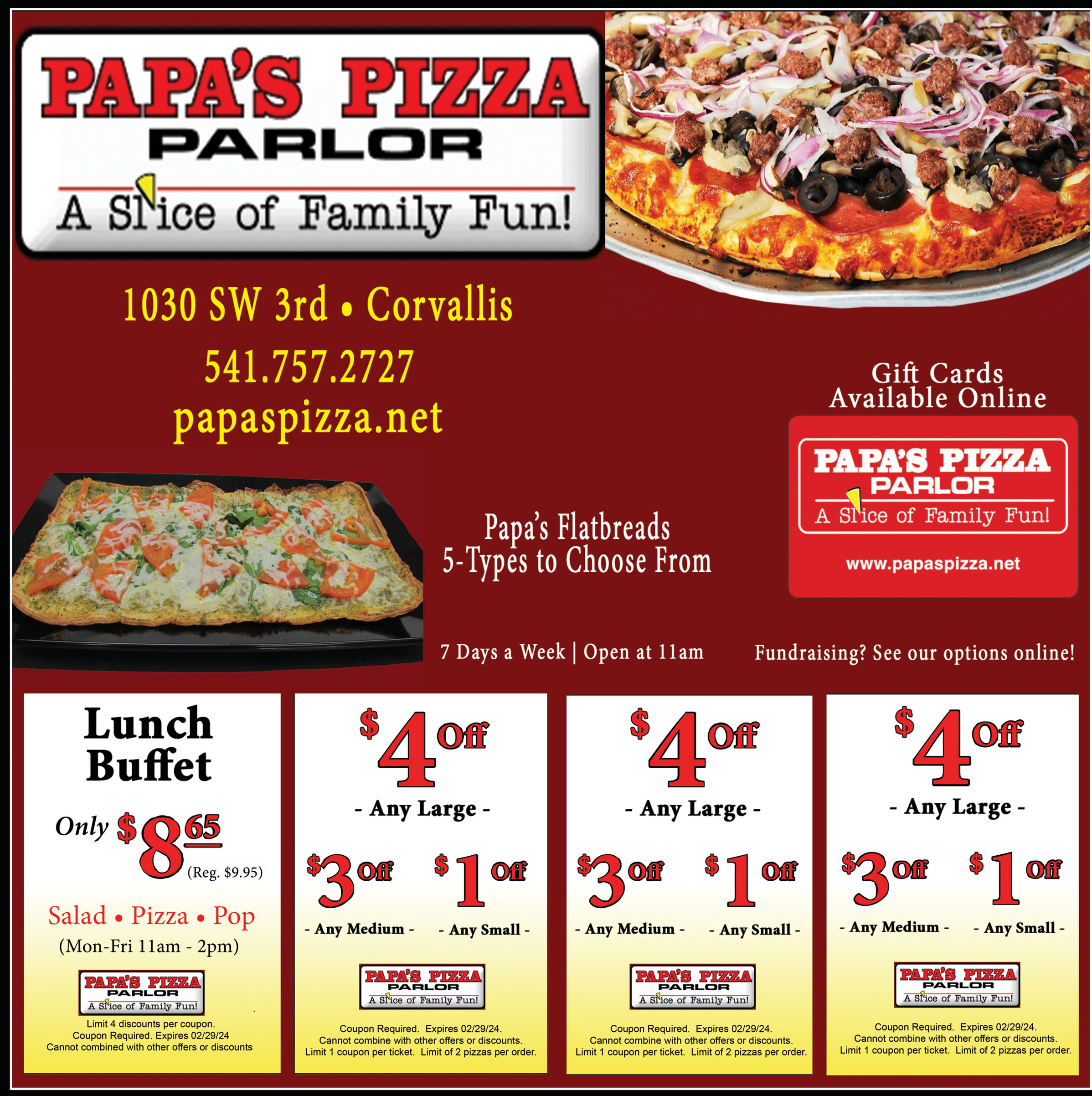 Corvallis Menu - Papa's Pizza Parlor