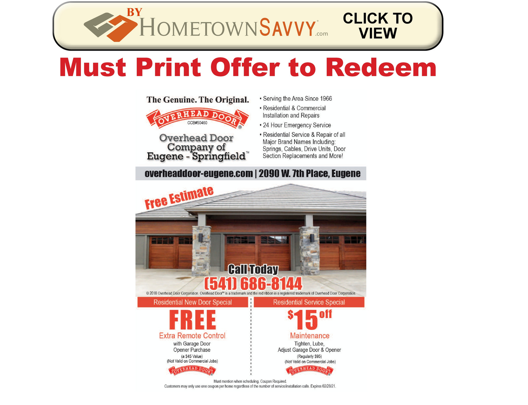 Overhead Door Coupon by Hometown Savvy Eugene Springfield OR Page 1