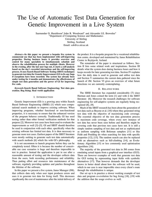 The Use of Automatic Test Data Generation for Genetic Improvement in a ...