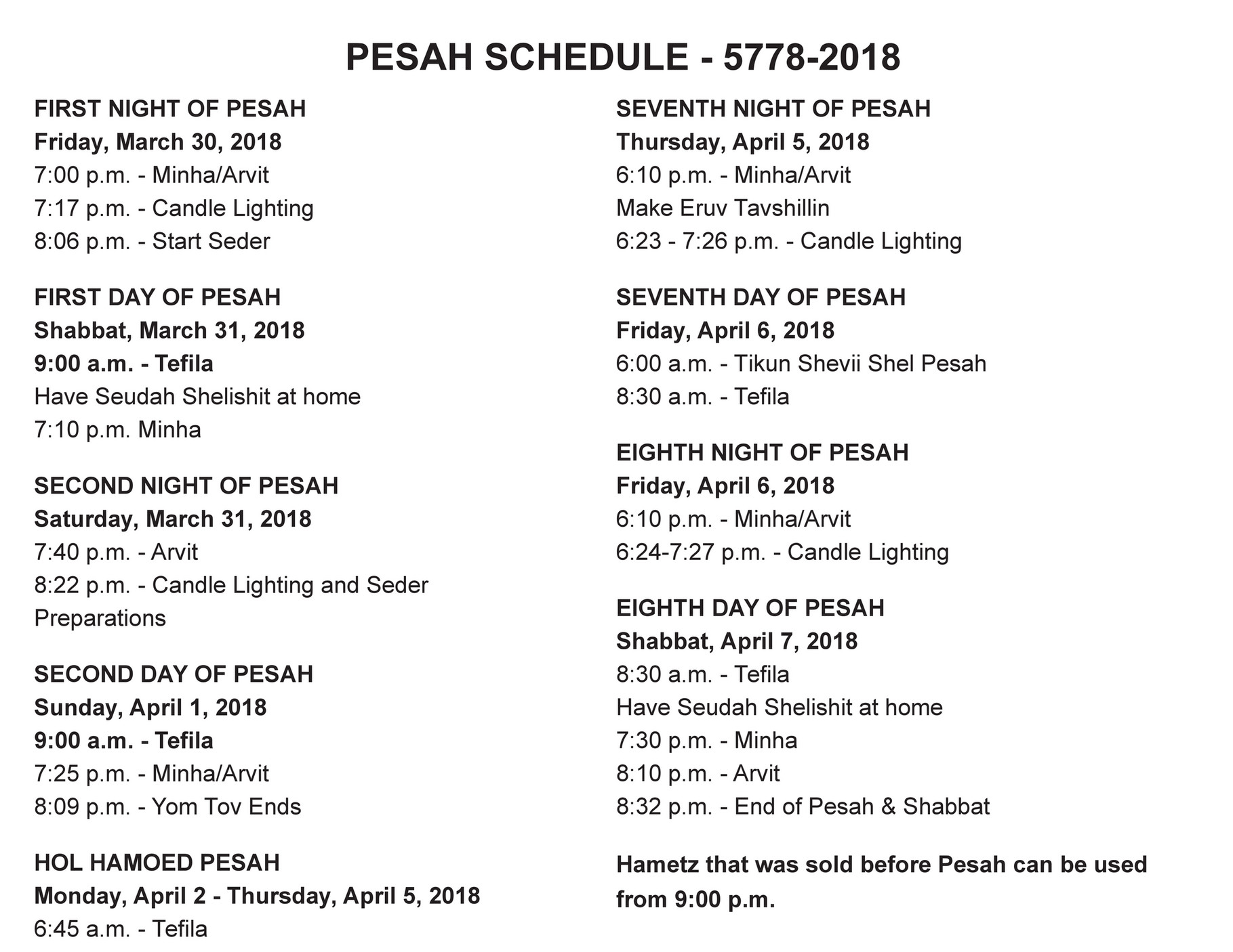 SBH Passover Schedule 2018 Page 1 Created with