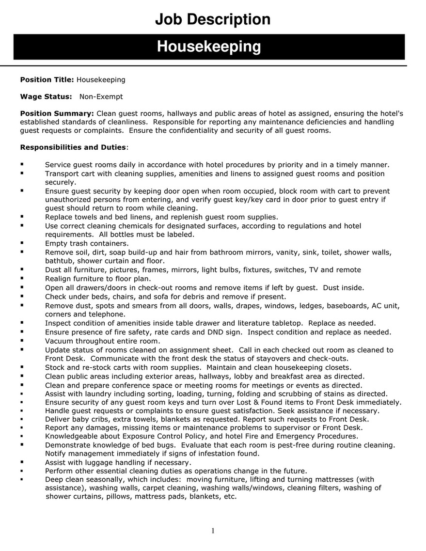 Onpoint - Branson's Best Housekeeping Job Description 2019 - Page 1 -  Created With Publitas.com