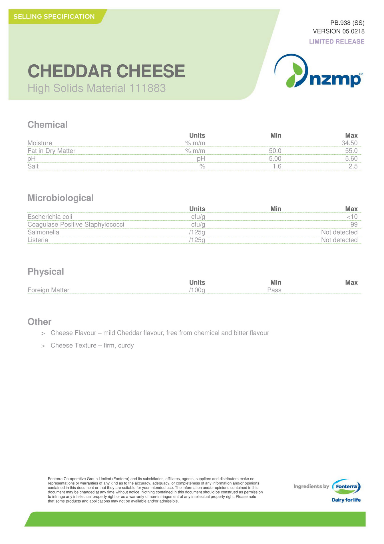 NZMP Selling Specification Cheddar Cheese High Solids Page 1