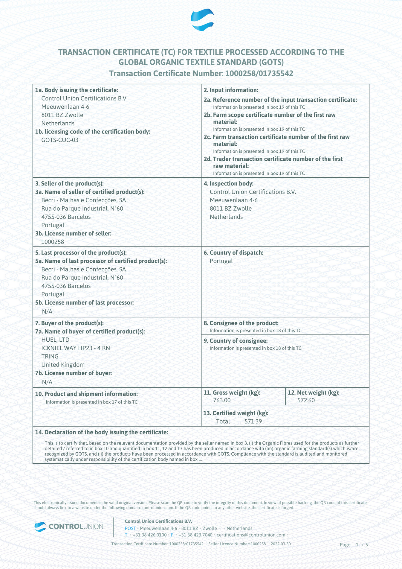 Huel GOTS Organic Verified Becri Transaction Certificate IV Page Huel GOTS Organic Verified Becri Transaction Certificate IV Page