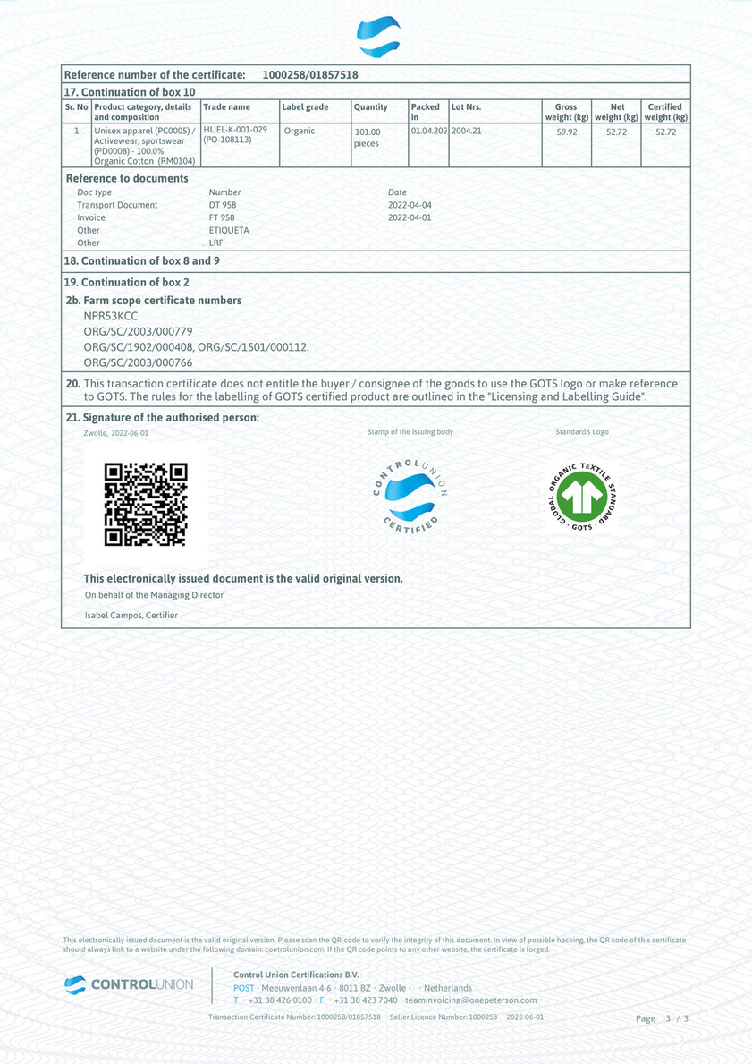 Huel - GOTS Organic Verified - Becri Transaction Certificate