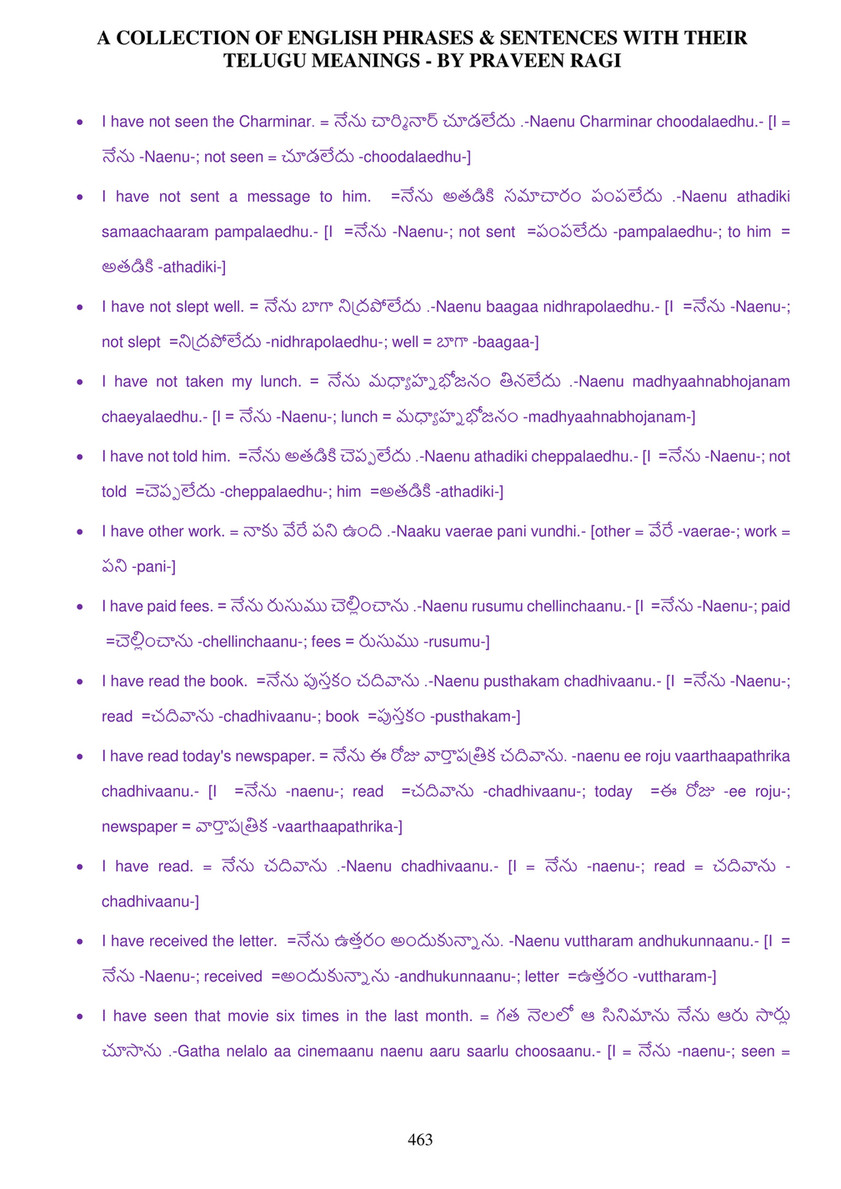 My Publications 04 A Collection Of English Phrases Sentences With Telugu Meanings By Praveen Ragi 6 6 17 Page 462 463 Created With Publitas Com