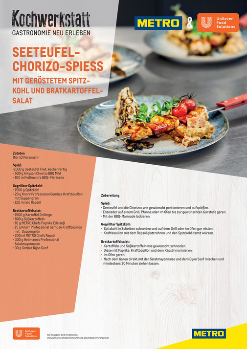 Seeteufel-Chorizo-Spieß mit geröstetem Spitzkohl und Bratkartoffelsalat