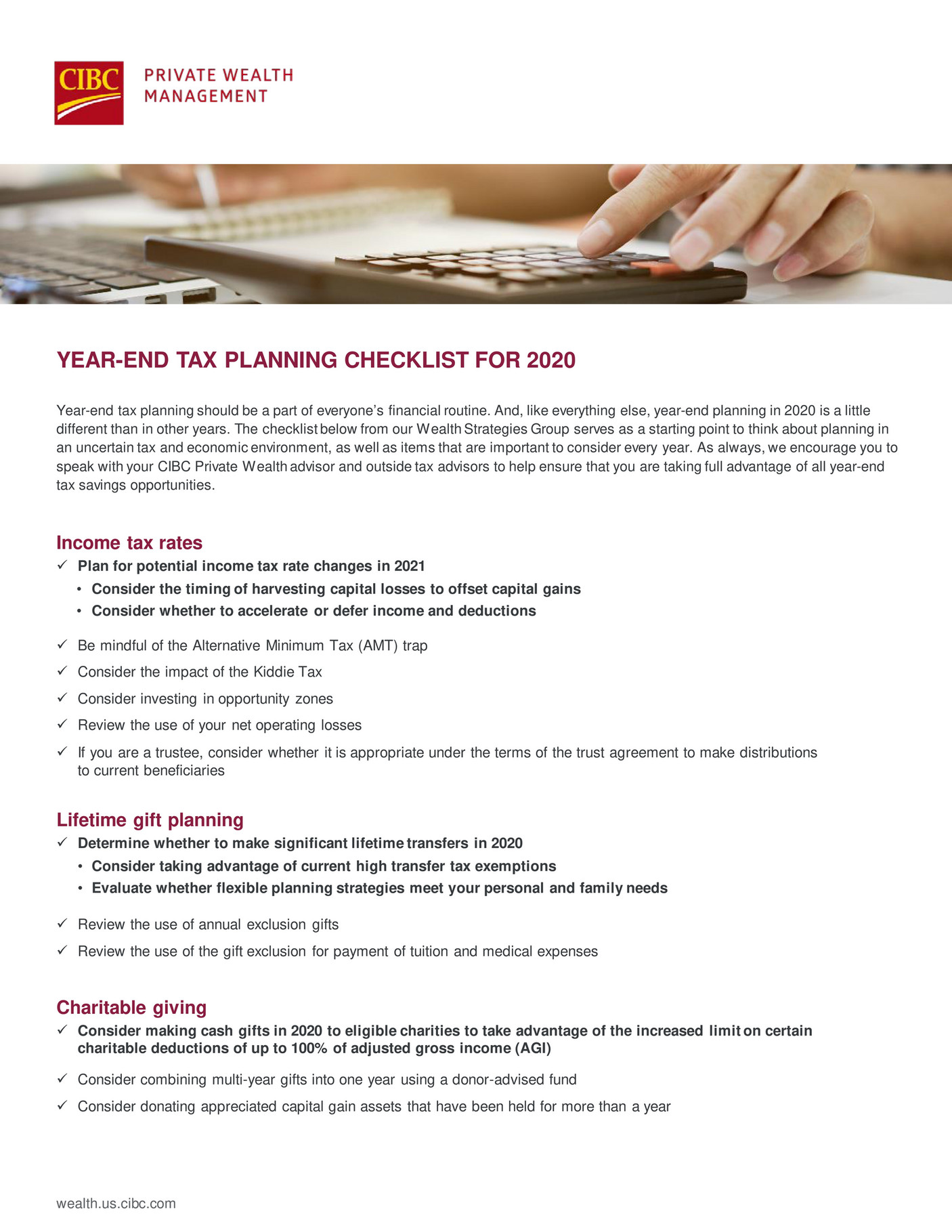 Cibc Private Wealth Management Year End Tax Planning Checklist For 2020 Page 1 