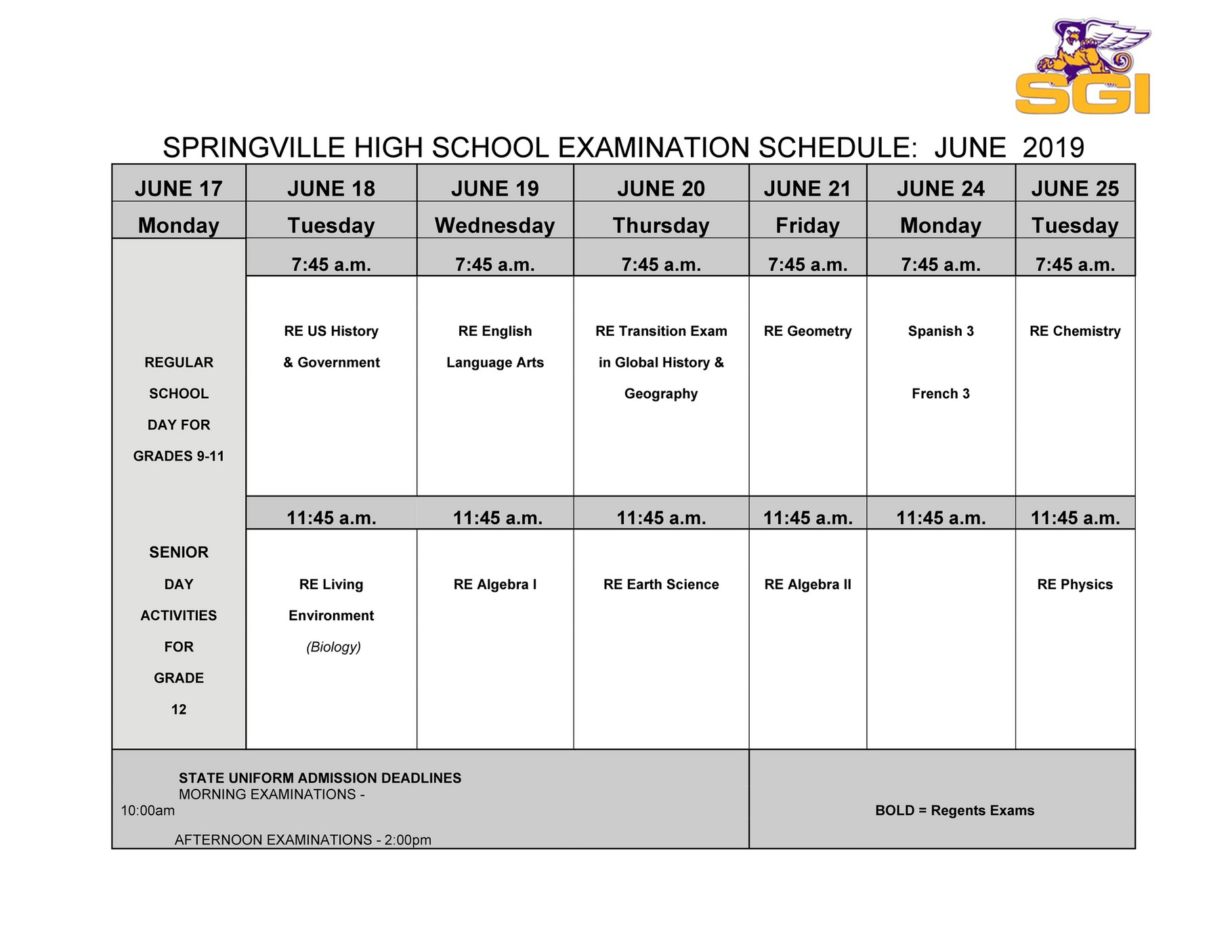 SpringvilleGriffith Institute Schools Regents Review Calendar 2019