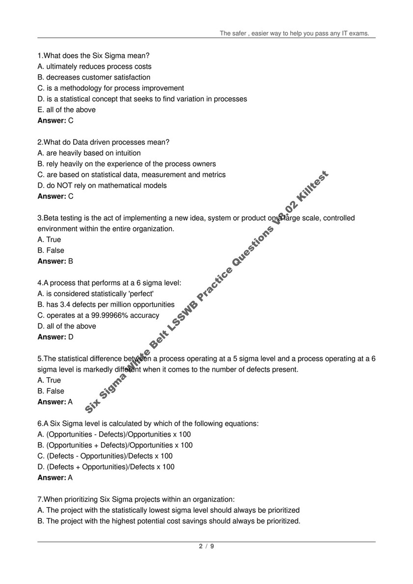Killtest - Six Sigma White Belt LSSWB Practice Questions V8.02 