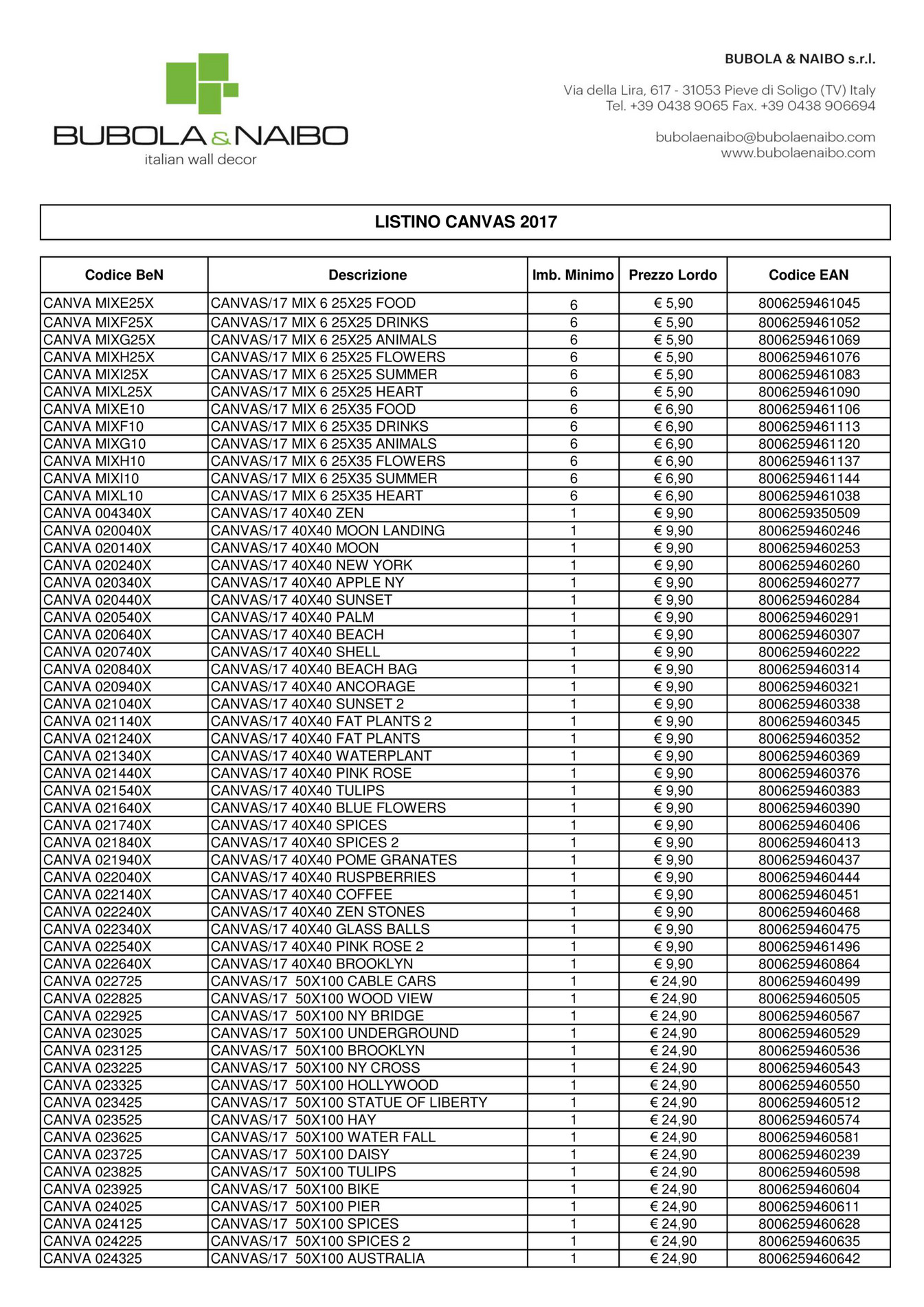 Innov8 CANVAS PRICE LIST 2017/18 Page 1 Created with