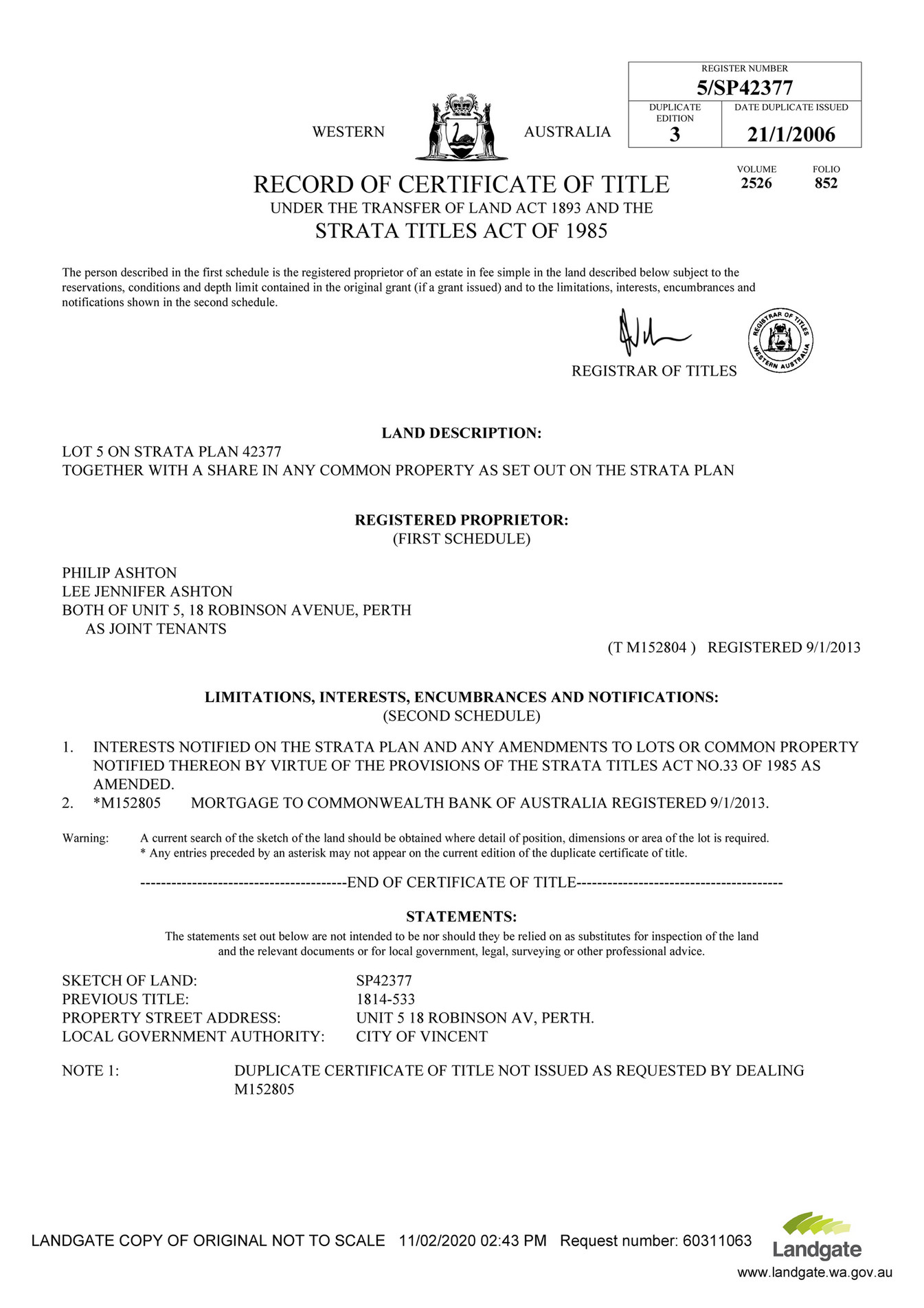 location number on certificate of title western australia