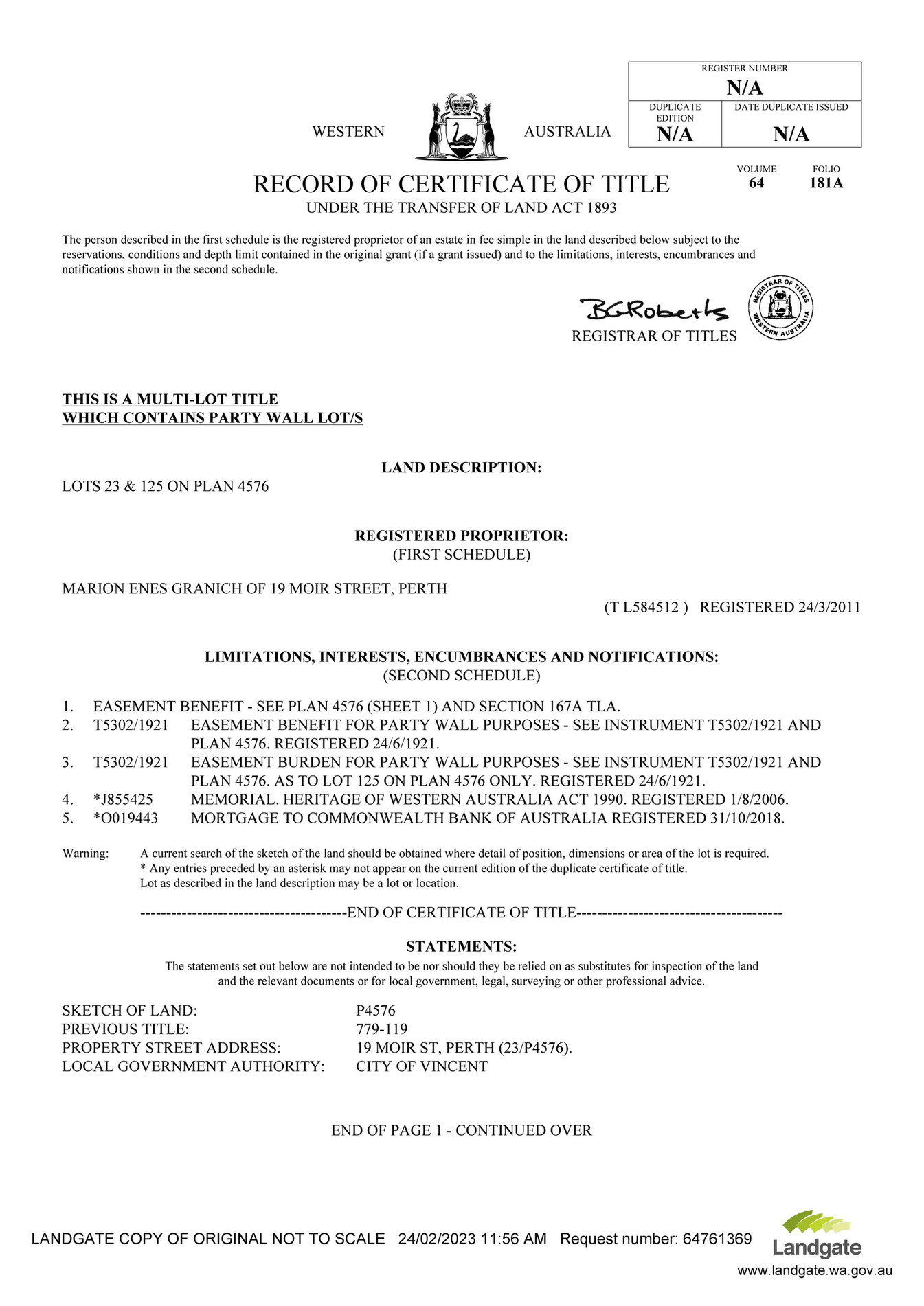 Teamiaconi certificate of title 19 moir street perth easements etc