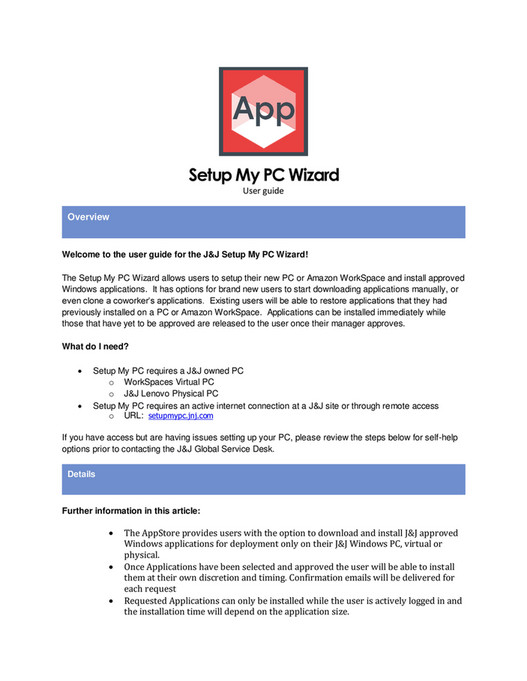 JNJ Appstore SetupMyPC_UserGuide_V1 Page 1 Created with