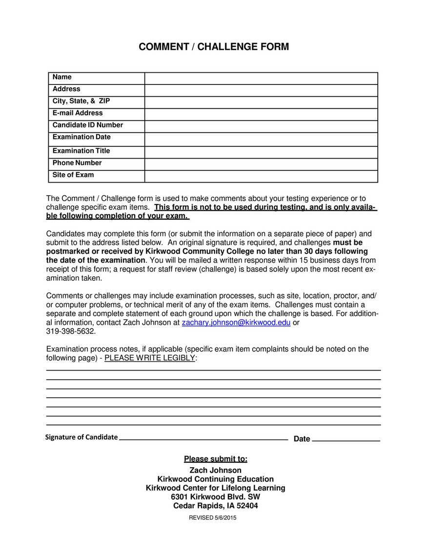 Kirkwood Community College - State Testing Comment Challenge Form 