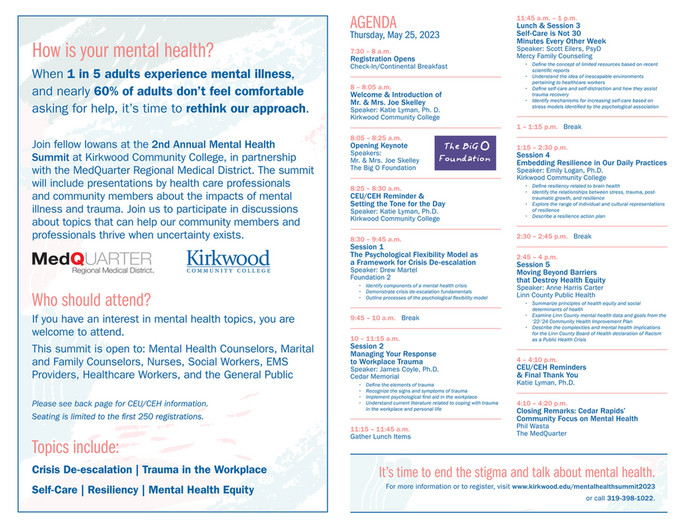 Kirkwood Community College Mental Health Summit 2023 Brochure Page 2 5273