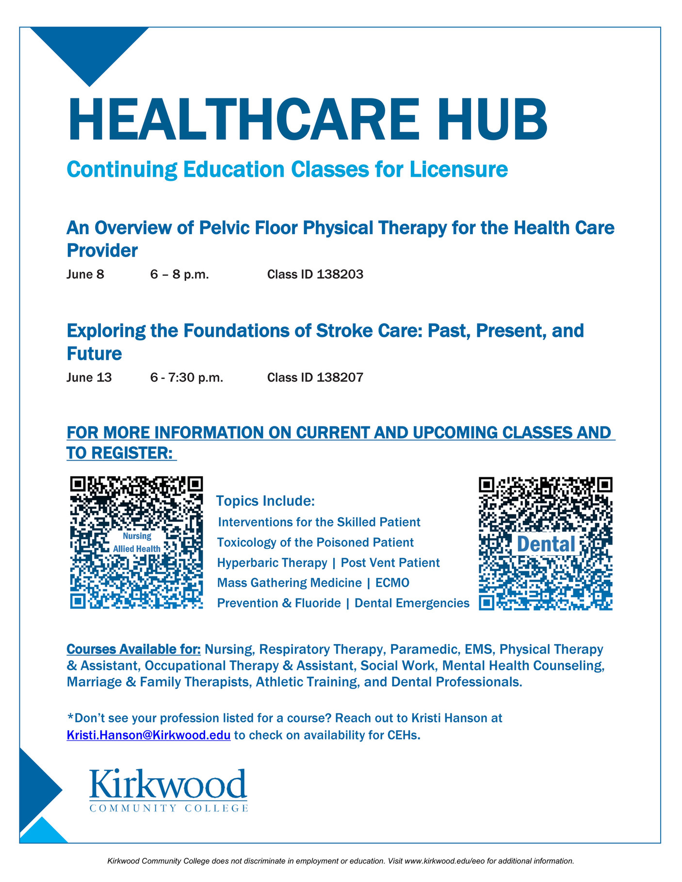Kirkwood Community College Healthcare Hub CEH Classes Flyer Page 1