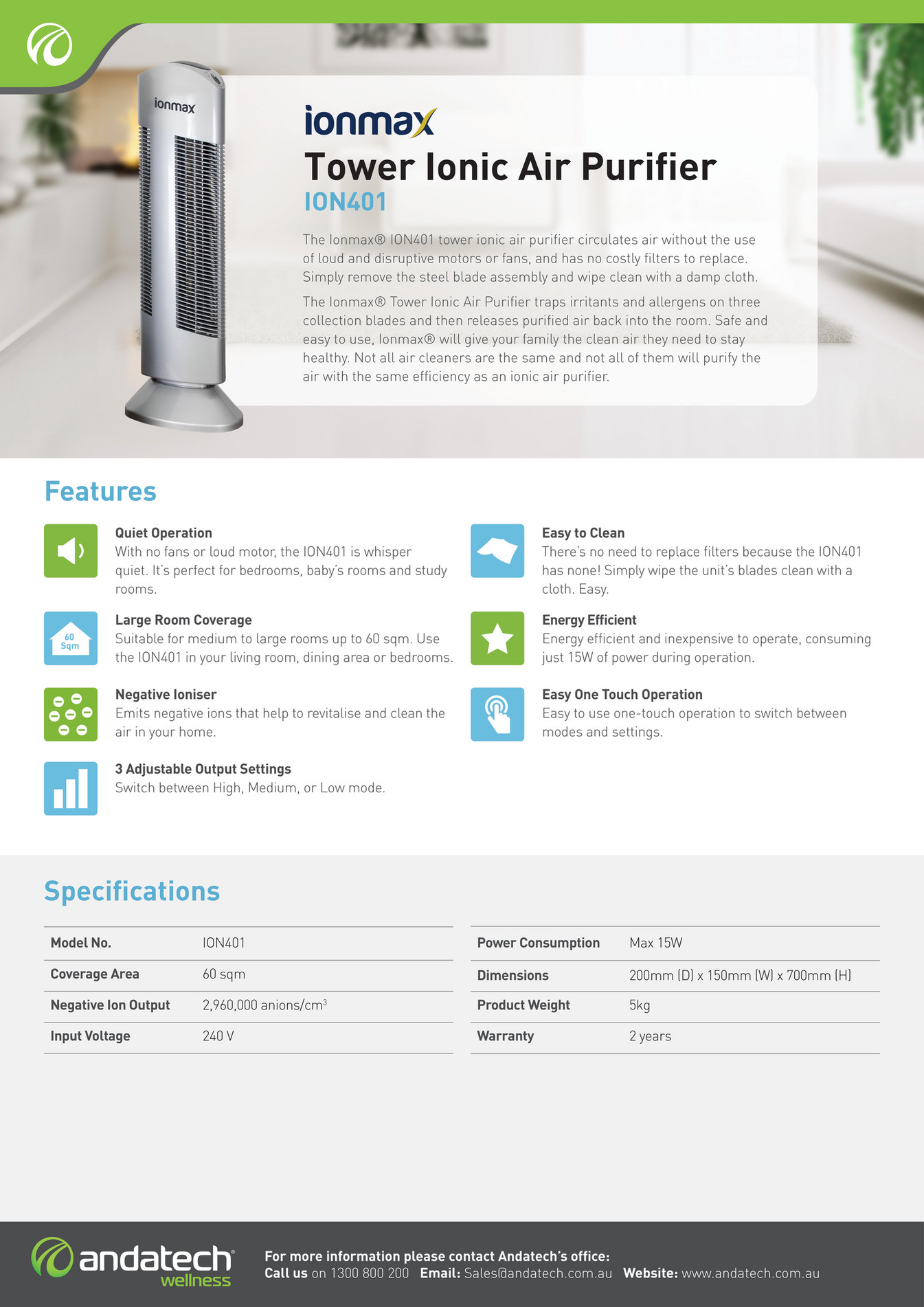 Andatech Ionmax Ion401 Ionic Air Purifier Fact Sheet Page 1 Created With