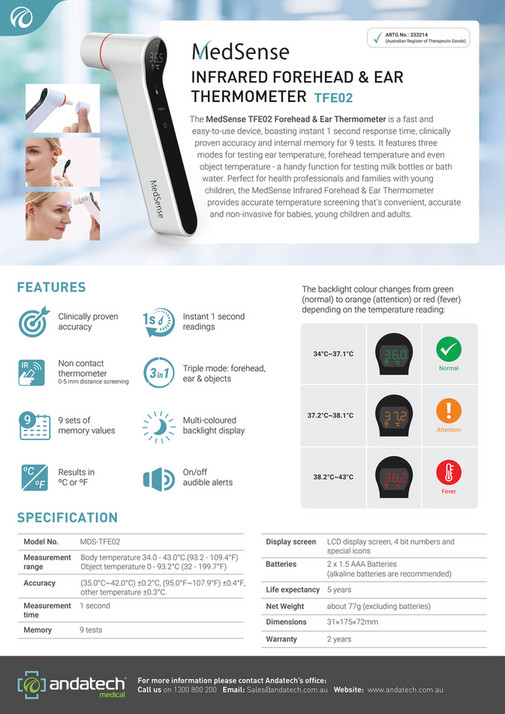MedSense TFE02 Infrared Forehead, Ear and Object Thermometer Fact Sheet