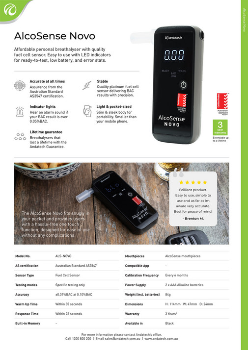Andatech - AlcoSense Novo Breathalyser - Fact Sheet - Page 1 - Created ...
