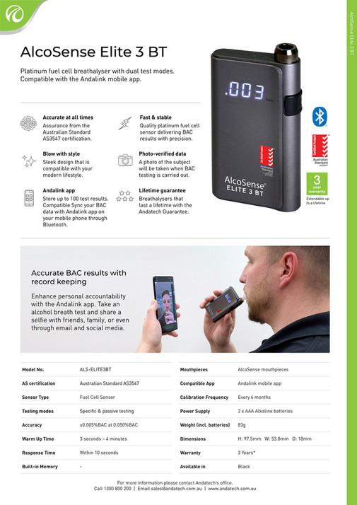 Andatech - AlcoSense Elite 3 BT Breathalyser with Mobile App - Fact ...